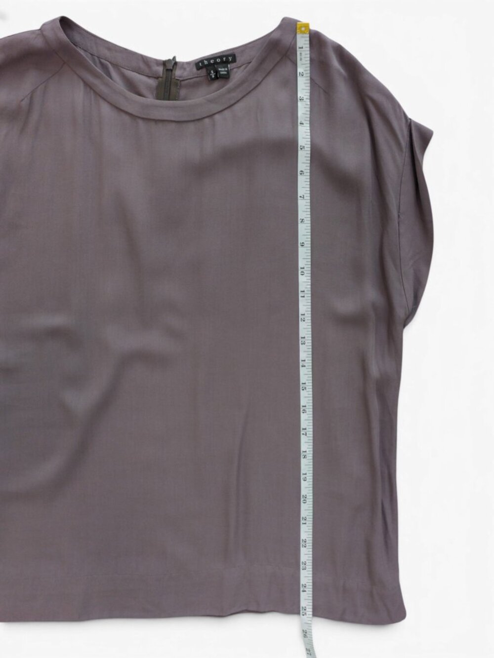 Theory Draped Rayon Top Sz S, Taupe-Mauve, Extended Shoulder Blouse - Picture 9 of 14